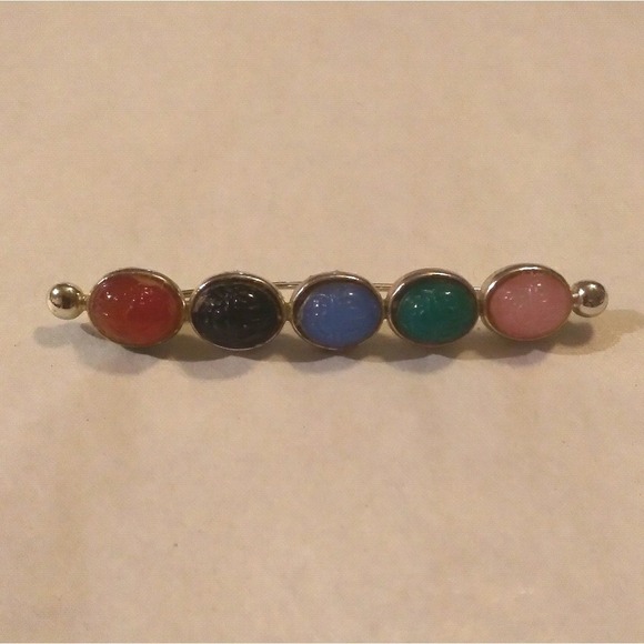 Vintage Jewelry - Vintage Multi Color Scarab Bar Brooch Gold Tone Egyptian Revival Beetle‎ Pin